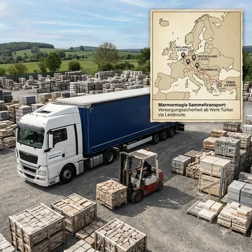 Authentisches Foto des Marmormagia Außenlagers mit LKW und Karte der Sammeltour-Route Türkei-Österreich-Deutschland-Holland
