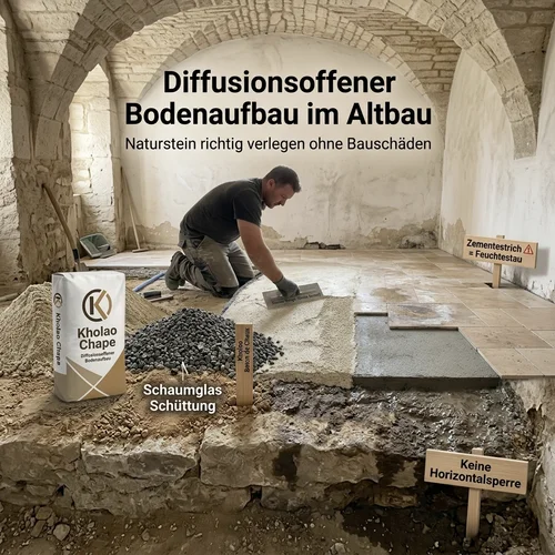 Infografik zum diffusionsoffenen Bodenaufbau im Altbau: Darstellung der Schichten von Schaumglas-Schüttung über Kholao Chape Kalkestrich bis zur Verlegung von Travertin Natursteinplatten.