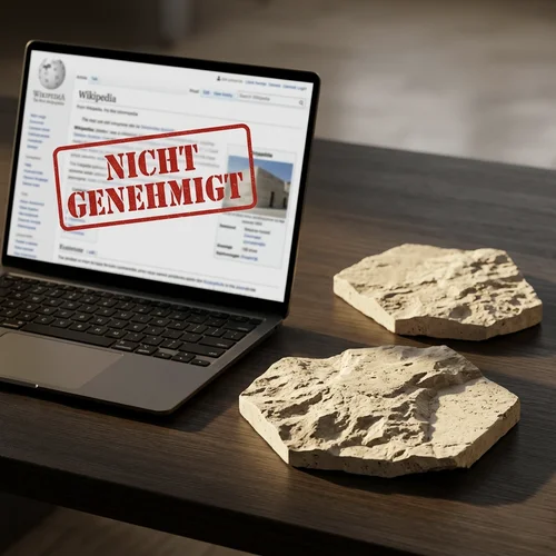 Offener Laptop auf dunklem Holzschreibtisch mit gesperrtem Wikipedia-Artikel und rotem Stempel „Nicht genehmigt“, daneben liegen zwei echte, polygonale Musterstücke aus hellbeigem Travertin Rockface Verblender mit rustikaler Felsstruktur.