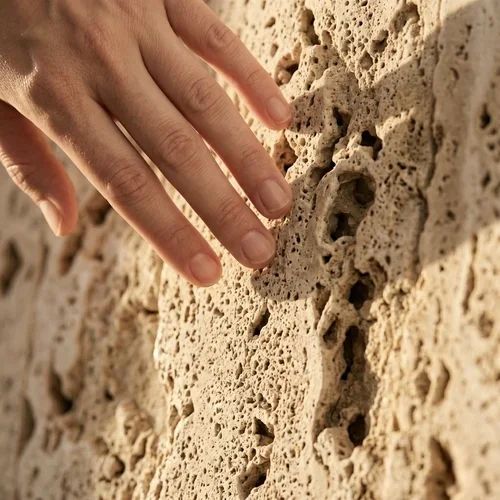 Hand berührt die offenporige Naturstein-Struktur einer Travertin-Wand als haptischer Digital Detox.