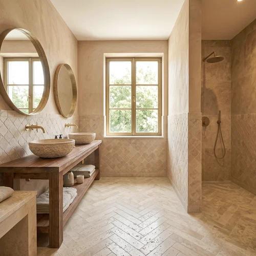 Luxuriöses Travertin Classic Badezimmer mit Fischgrät-Boden und 10x10 cm Wandfliesen im Diagonal-Muster.