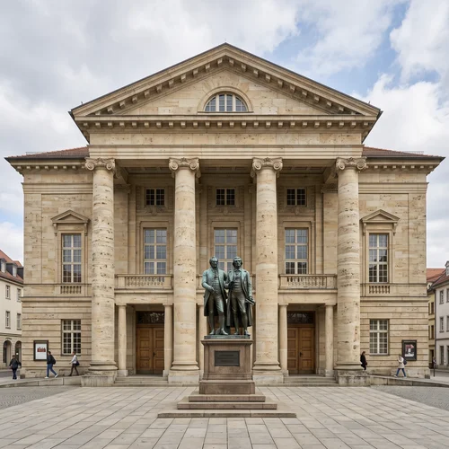Fotorealistische Ansicht des Deutschen Nationaltheaters Weimar mit historischer Travertin-Fassade und Goethe-Schiller-Denkmal.