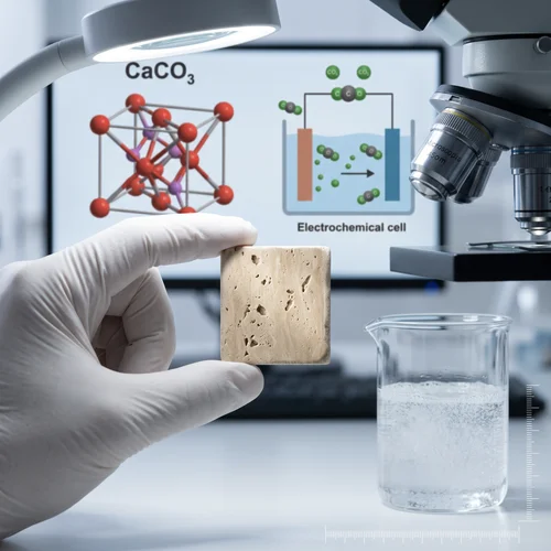 Laboranalyse eines Travertin Mustersteins mit chemischer Formel Calciumcarbonat CaCO3 von Marmormagia