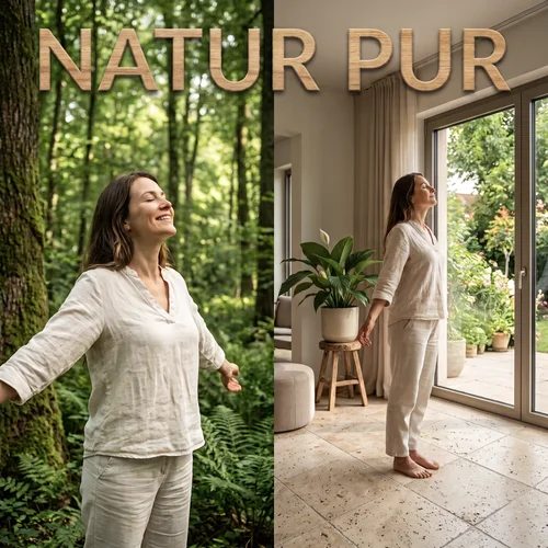 Split-Screen Vergleich: Frau atmet frische Waldluft und reine Raumluft auf Travertin Classic Fliesen.
