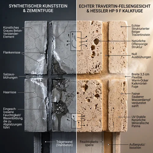 Bauphysik-Vergleich zwischen Kunststein mit Zementfuge (Feuchtestau, Risse, Salzausblühungen) und echtem Travertin-Rockface mit diffusionsoffener Hessler HP 9 F Kalkfuge.