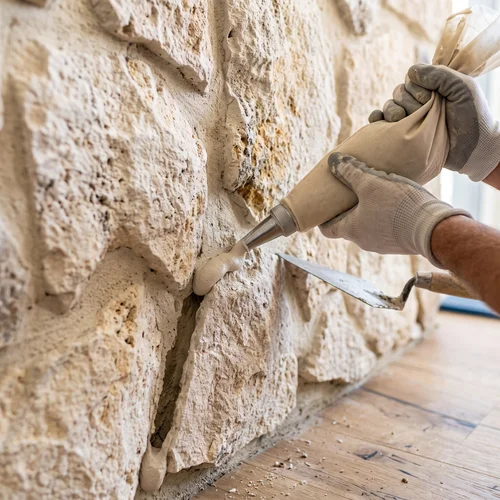 Verfugen einer Travertin Rockface Natursteinwand mit mineralischem Kalkmörtel und Fugensack
