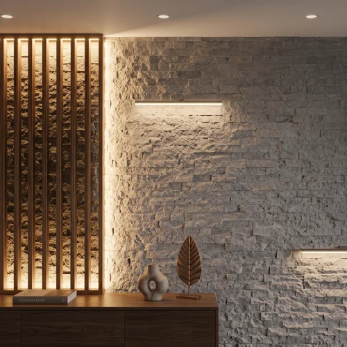 Wandgestaltung im Wohnzimmer mit Travertin Splitface Verblendern, warmer LED-Beleuchtung und Holzlamellen