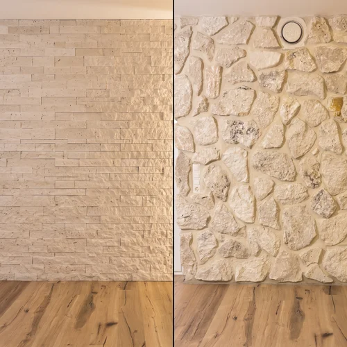 Direktvergleich zwischen fugenlos verlegten Travertin Splitface Verblendern und rustikaler Travertin Rockface Wand mit Kalkfuge