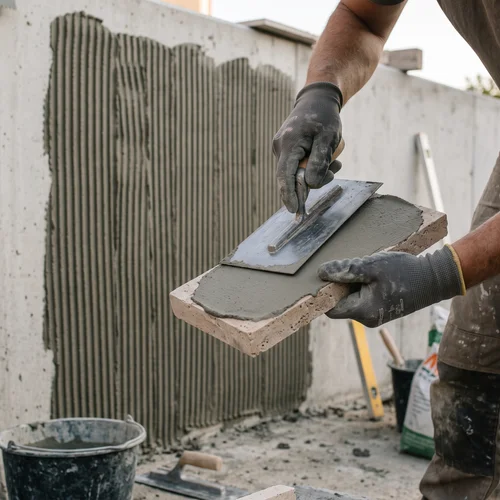 Fachgerechte Verlegung von Travertin Verblendern im Buttering-Floating-Verfahren auf Betonwand