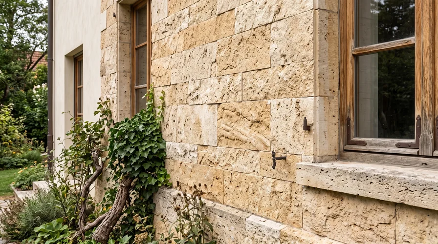 Witterungsbeständige Travertin Natursteinfassade an Wohnhaus spart langfristige Sanierungs- und Entsorgungskosten